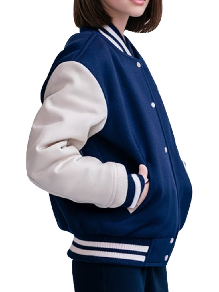 Classic Navy Blue Varsity Jacket with White Sleeves