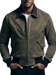 Classic Olive Suede Bomber Jacket