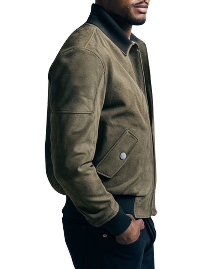 Classic Olive Suede Bomber Jacket