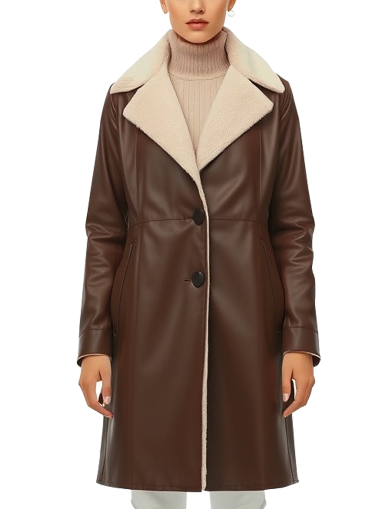 Classic Women's Brown Leather Coat with Shearling Collar