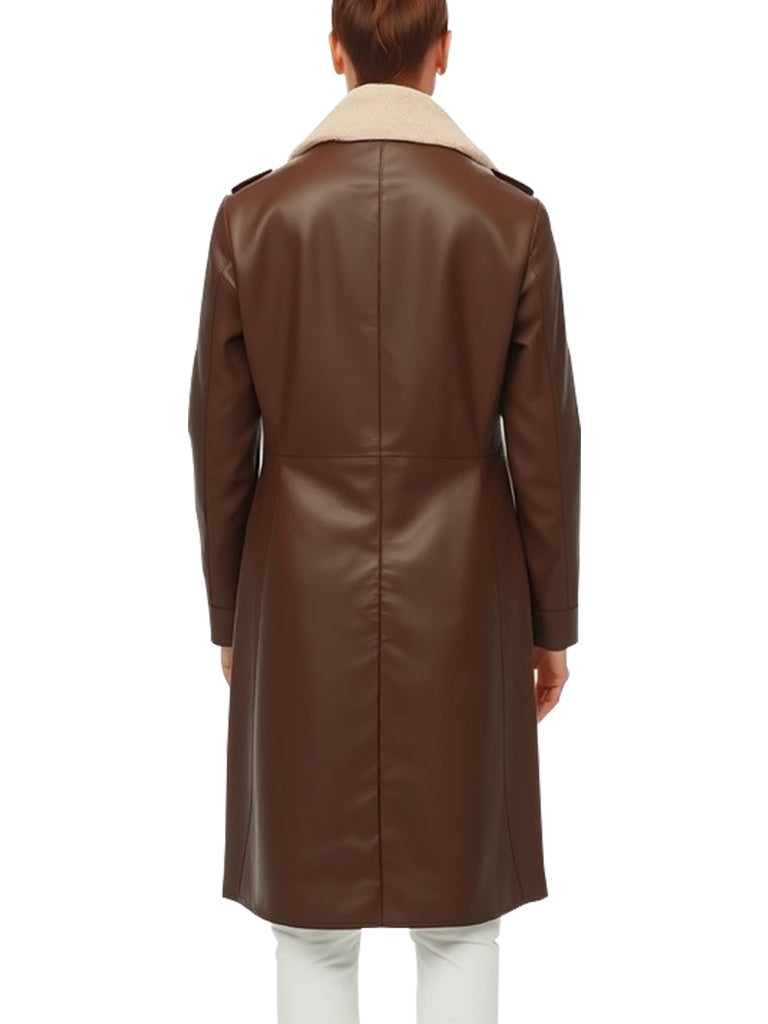 Classic Women's Brown Leather Coat with Shearling Collar