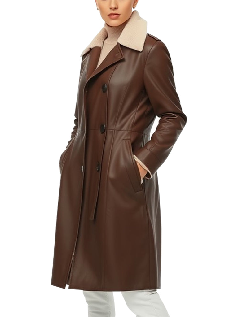 Classic Women's Brown Leather Coat with Shearling Collar