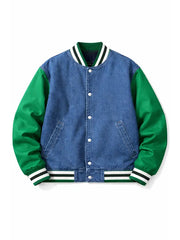Classic Snap Button Bomber Denim Varsity Jacket