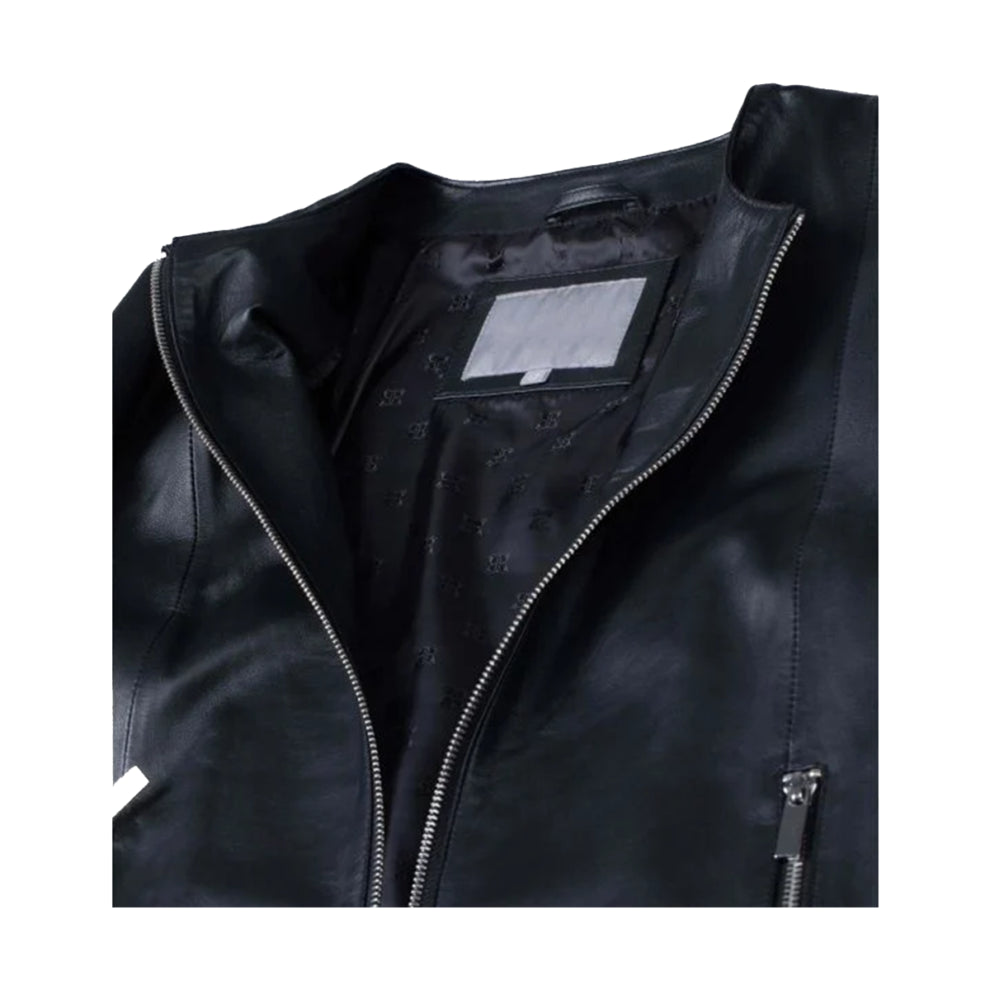 Black Collar Less Leather Jacket