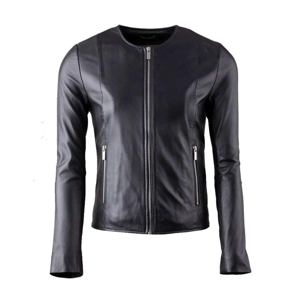 Black Collar Less Leather Jacket