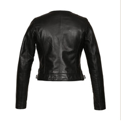 Black Collar Less Genuine Leather Jacket