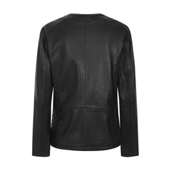 Collar Less Black Quilted Leather Jacket