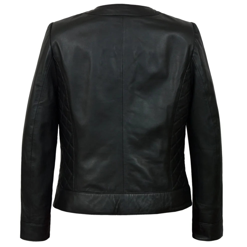 Collarless Black Quilted Leather Jacket