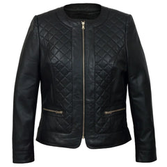 Collarless Black Quilted Leather Jacket