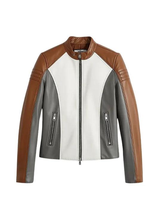 Color Block Cafe Racer Leather Jacket Men