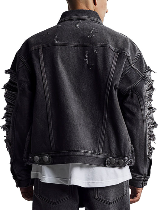 Custom distressed black denim jacket with ripped sleeves