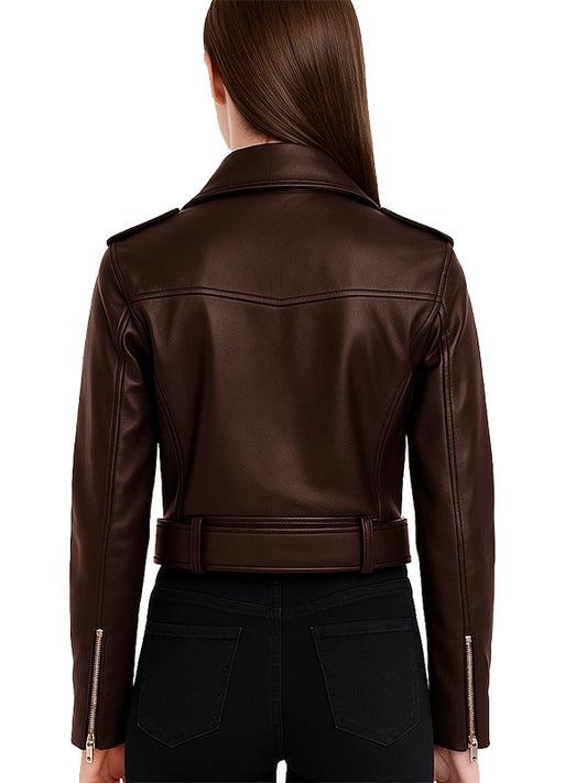 Dark Brown Leather Biker Jacket for Womens