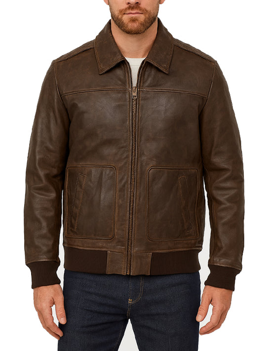 Dark Brown Shirt Style Bomber Leather Jacket