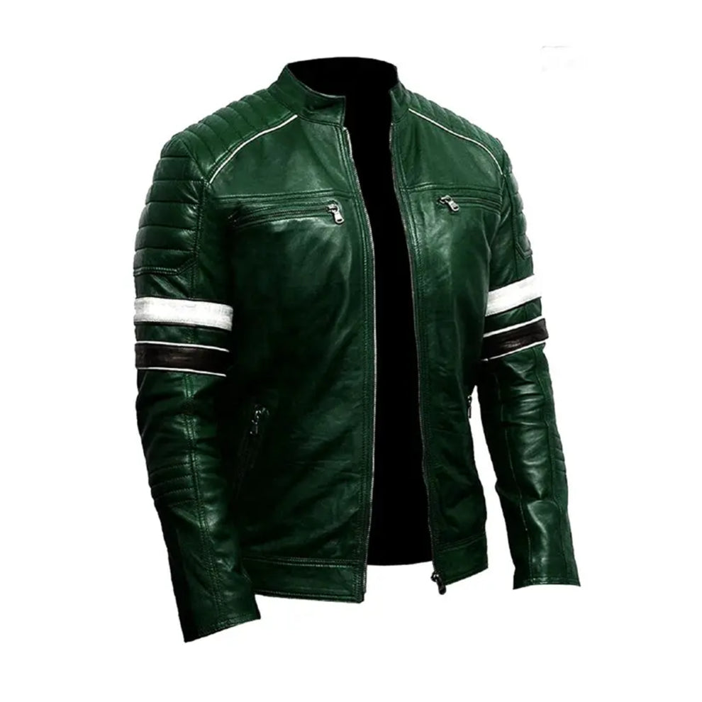 Dark Green with White Stripe Vintage Leather Jacket