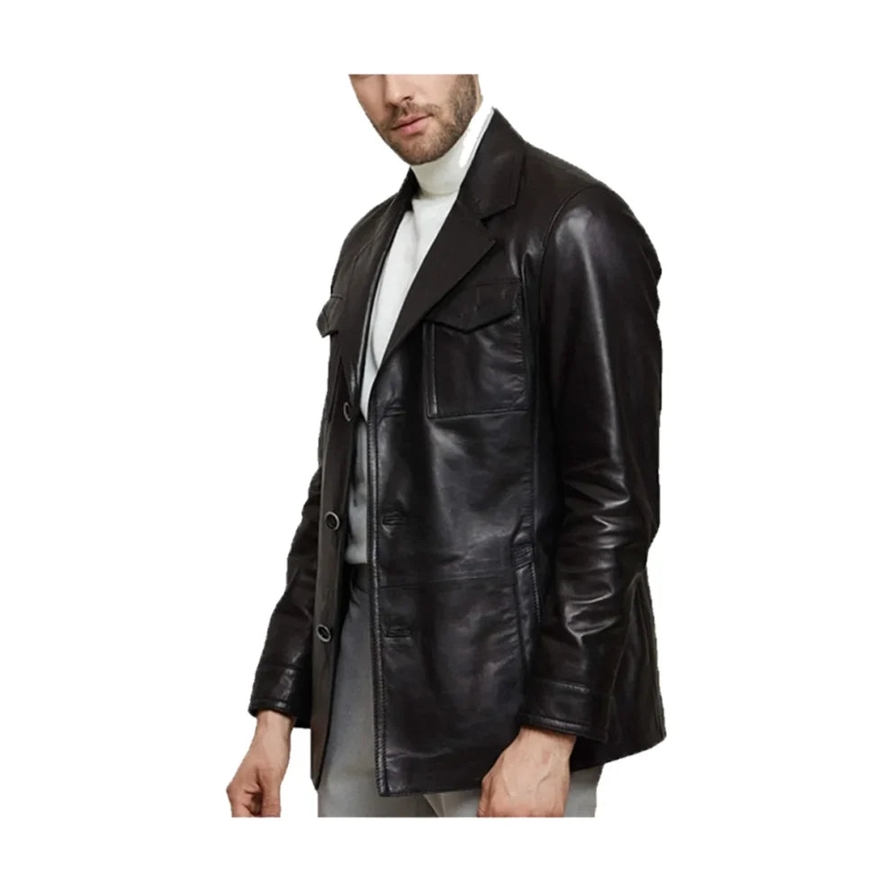 Daron Black Leather Slim-Fit Blazer