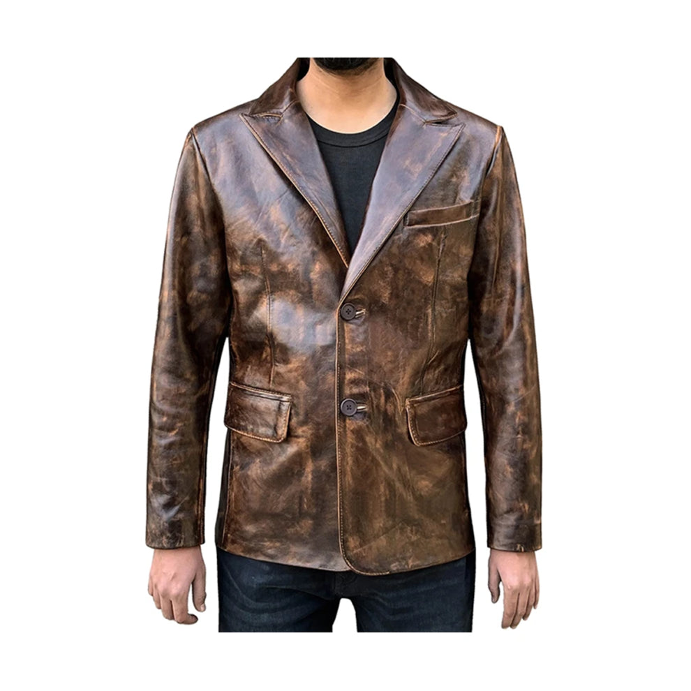 David Distressed Brown Leather Blazer