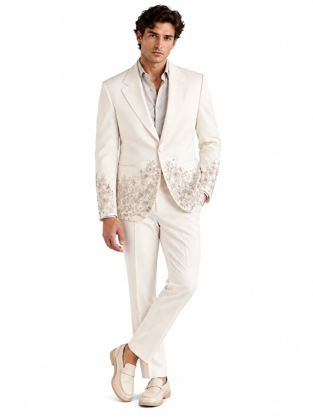 Full-length ivory embroidered formal suit for men with matching trousers