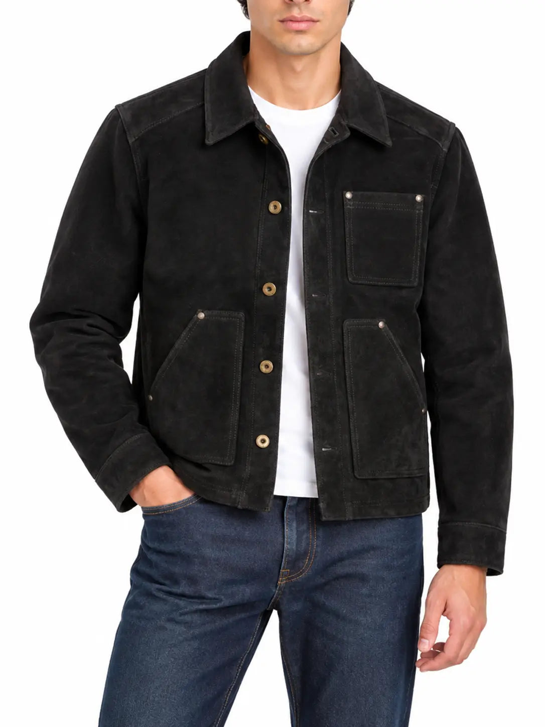 Full length male model wearing black suede workwear jacket
