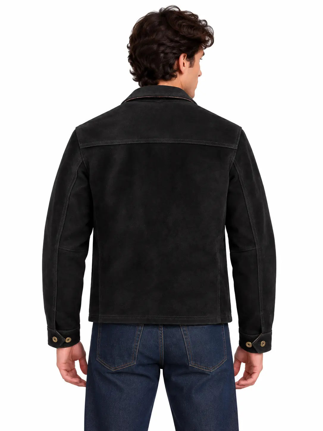Back view of men's black suede field jacket