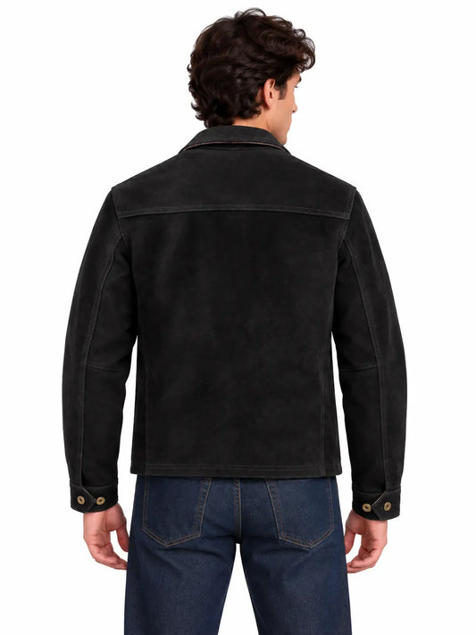 Back view of men's black suede field jacket