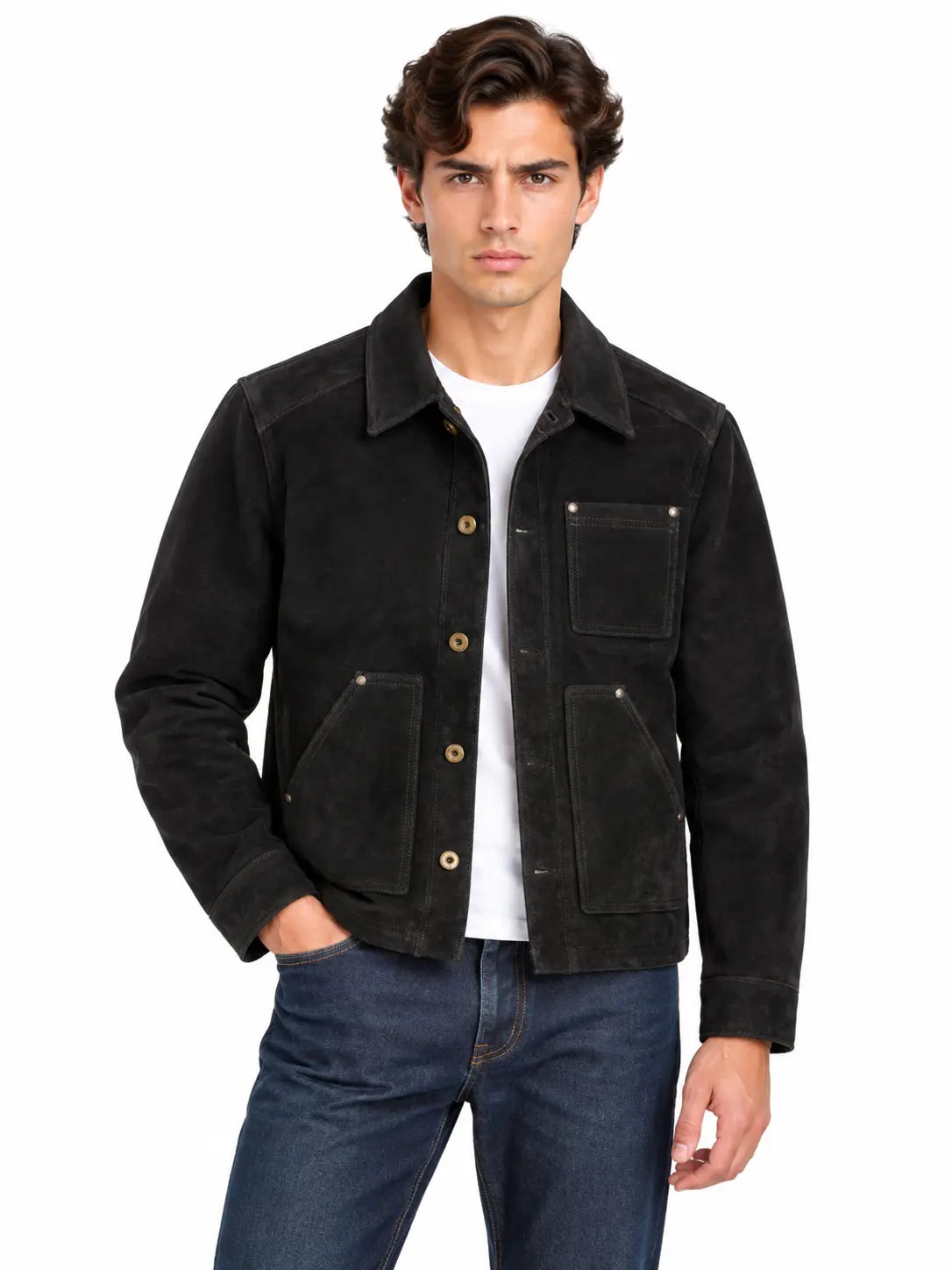 Male model wearing premium black suede chore field jacket