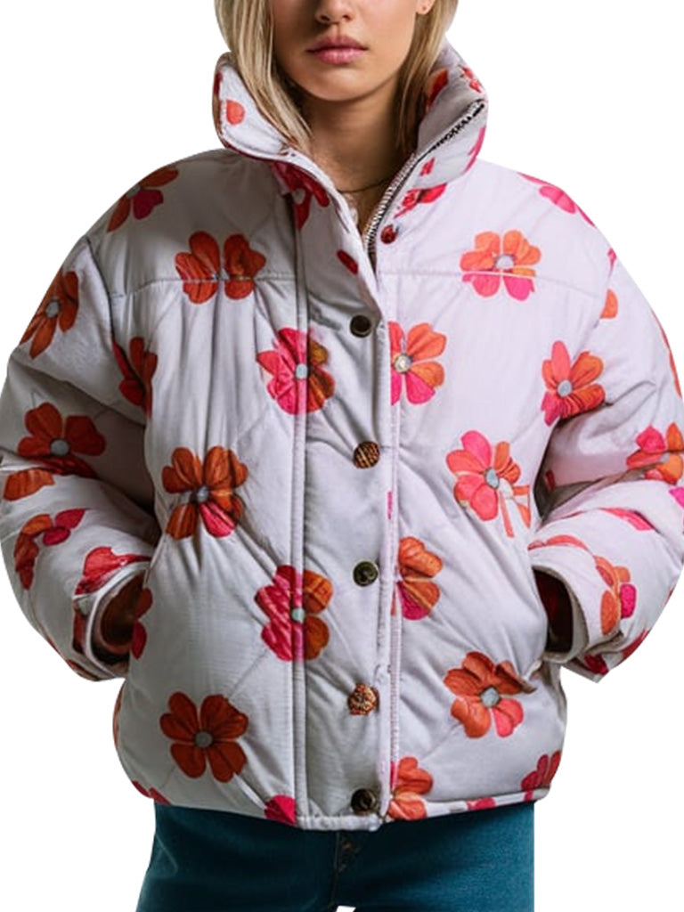 Floral Print Quilted Puffer Jacket For Women