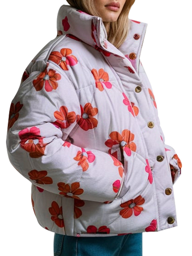 Floral Print Quilted Puffer Jacket For Women