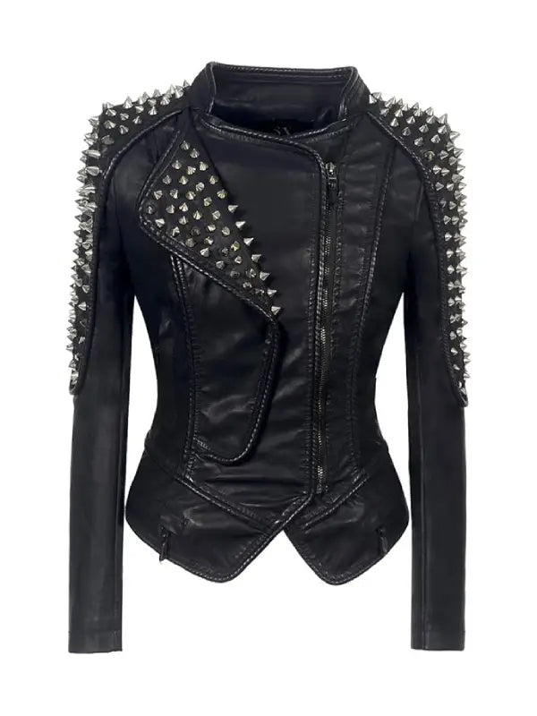 Women’s Black Studded Leather Biker Jacket with Spiked Shoulders