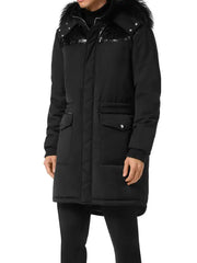 Men’s Long Black Winter Coat with Faux Fur Hood, Insulated Parka Jacket