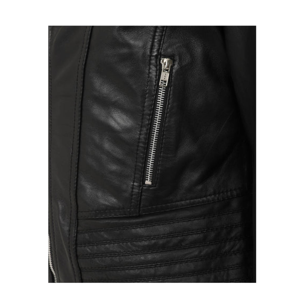 Black Biker Bold Lined Genuine Leather Jacket