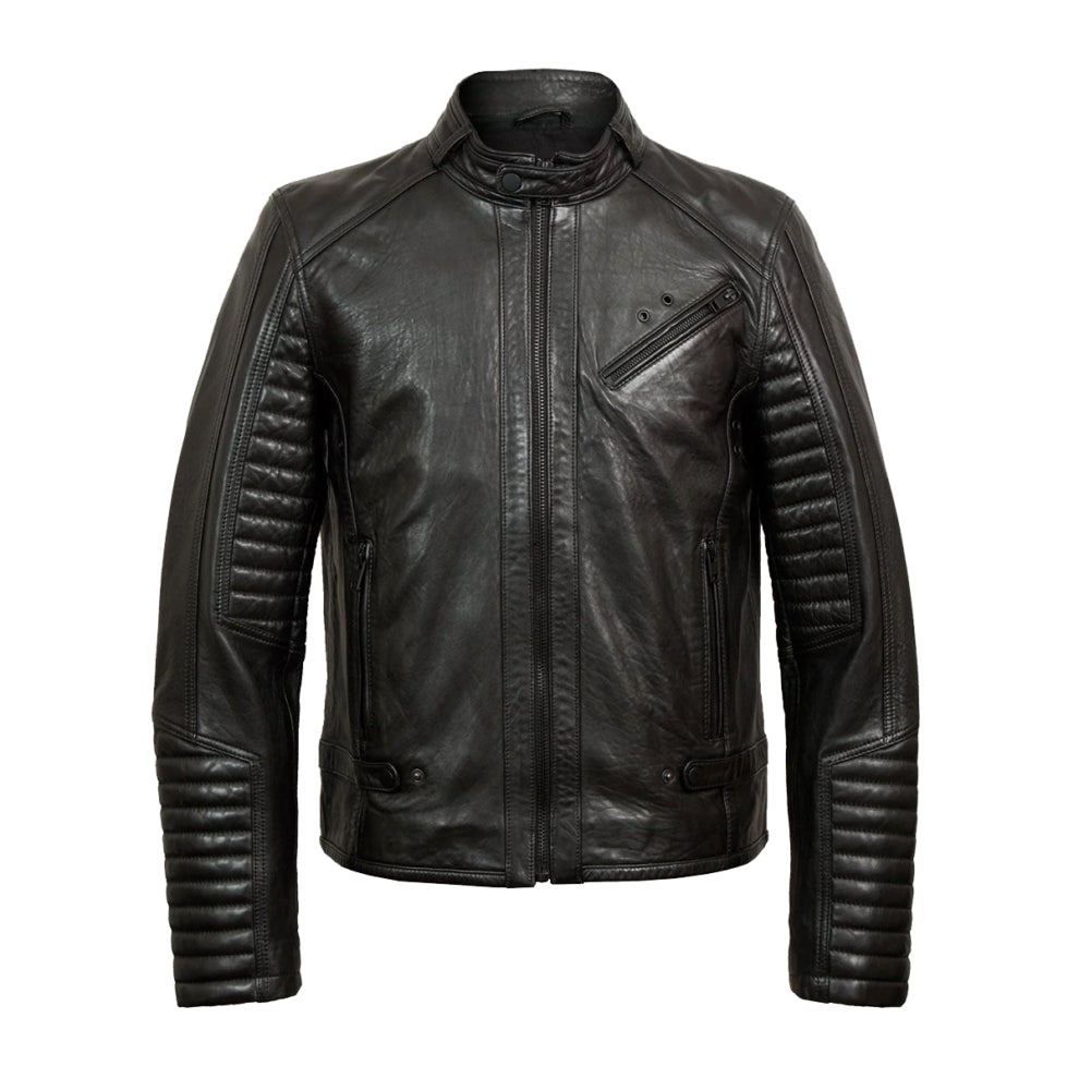 Black Hooded Bold Lined Biker Leather Jacket