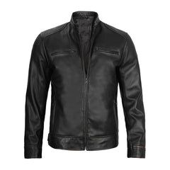 Dodge Black Leather Cafe Racer Jacket