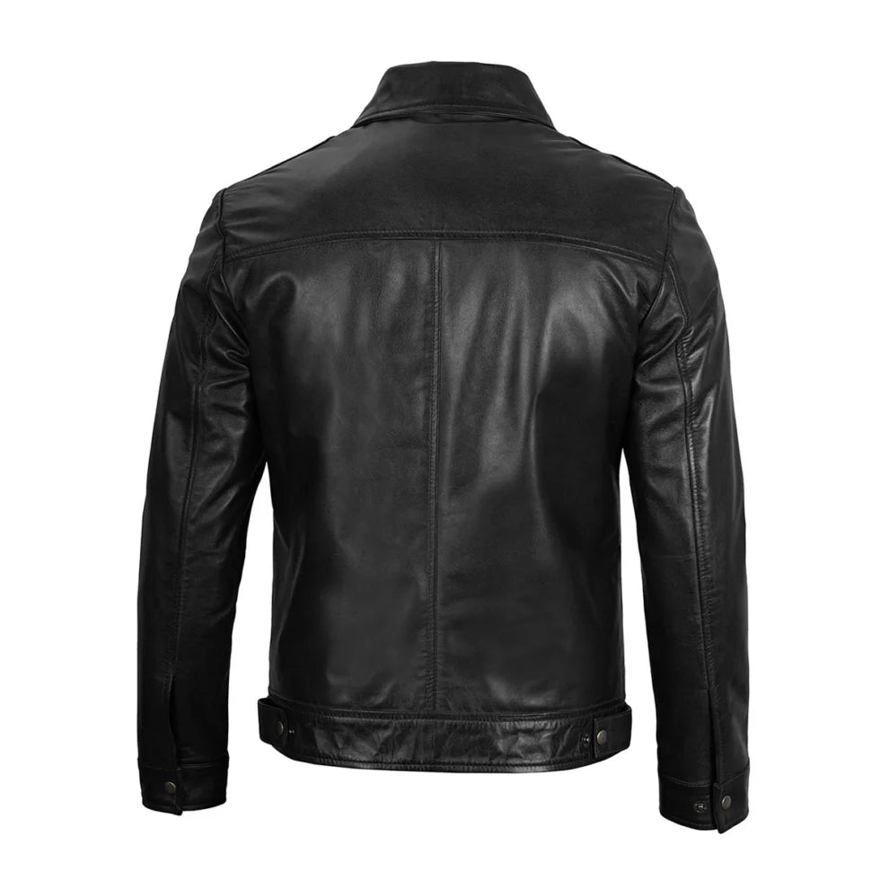 Black Leather Jacket with Shirt Collar