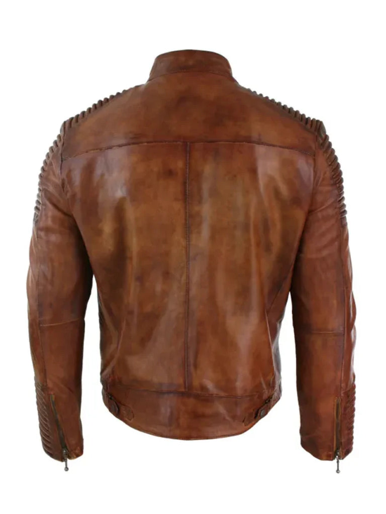 Genuine leather cafe racer jacket with mandarin collar