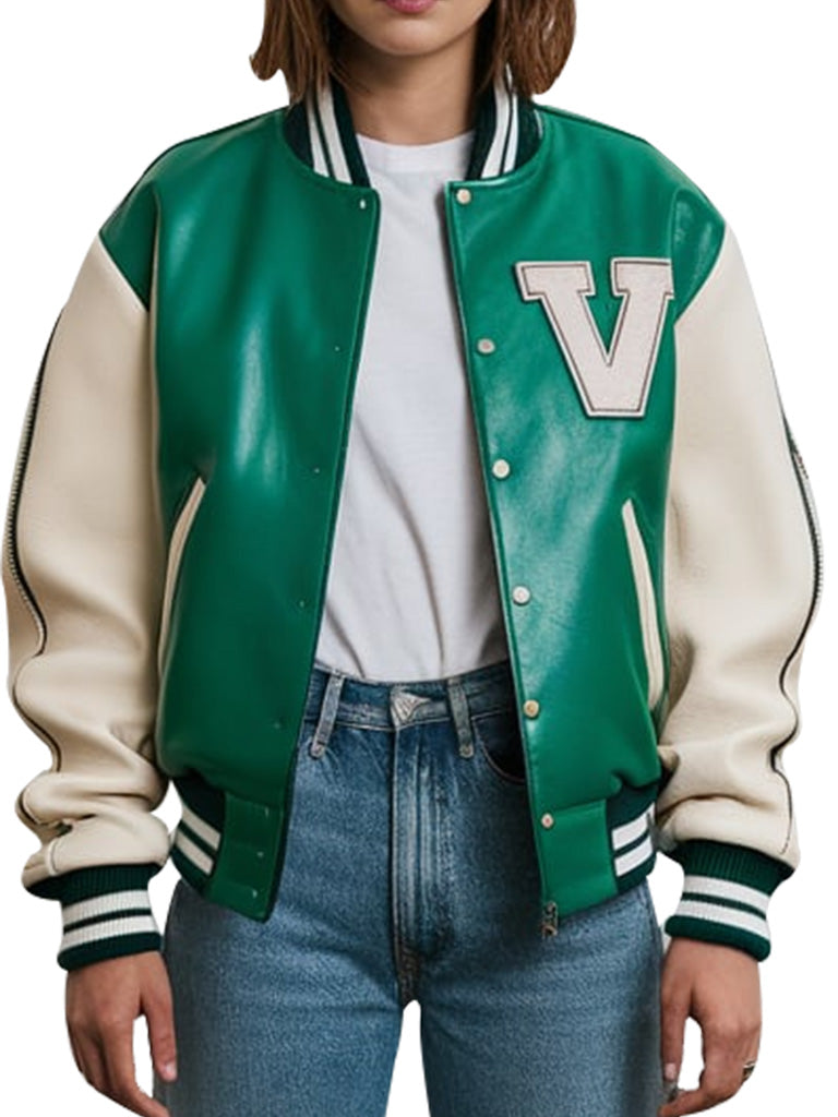 Green Varsity Leather Jacket with Cream Sleeves