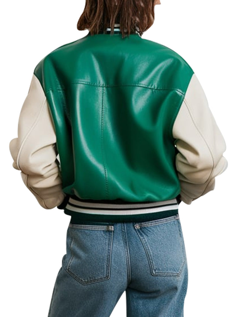 Green Varsity Leather Jacket with Cream Sleeves