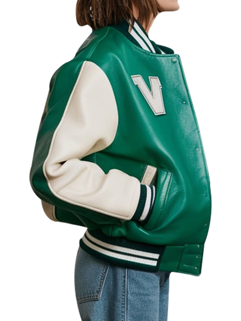 Green Varsity Leather Jacket with Cream Sleeves