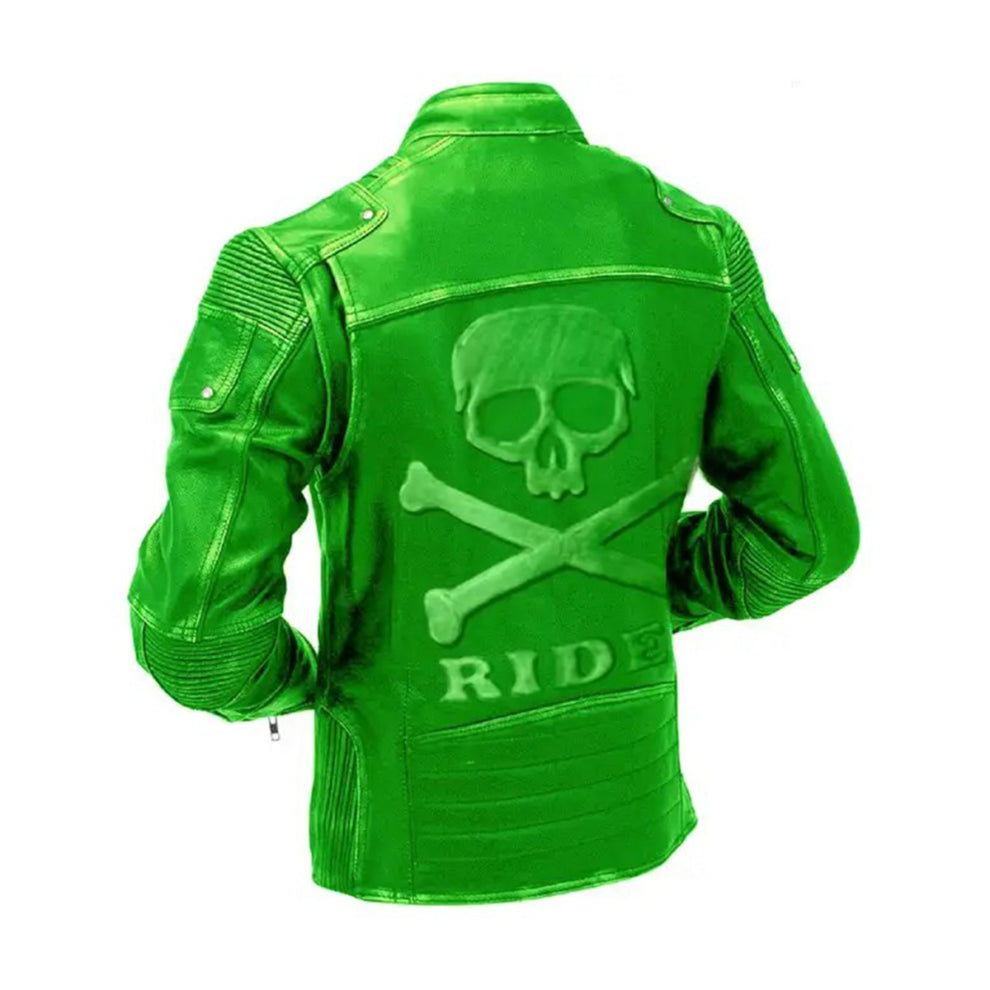 Green Motorcycle Vintage Leather Jacket With Skull