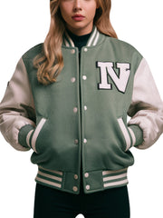 Green & White Varsity Jacket for Women – Classic College Style