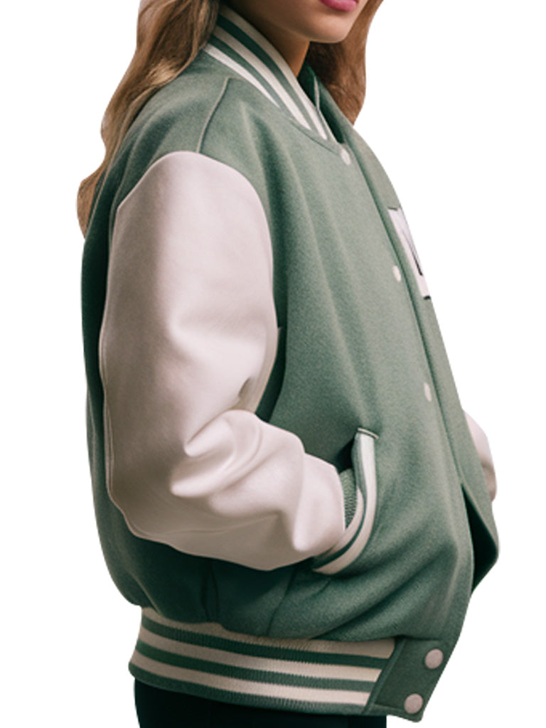 Green & White Varsity Jacket for Women – Classic College Style