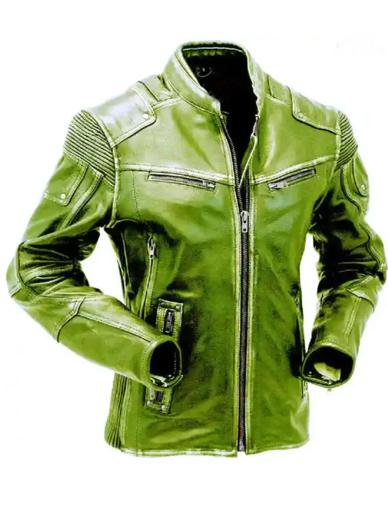 Green Cafe Racer Genuine Leather Jacket