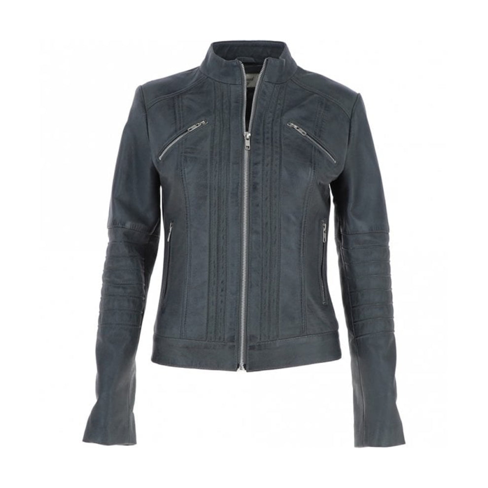 Stand Collar Genuine Leather Jacket