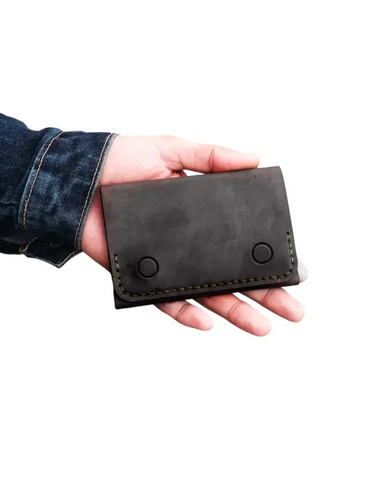 Handmade Black Leather Card Holder Wallet with Snap Closure