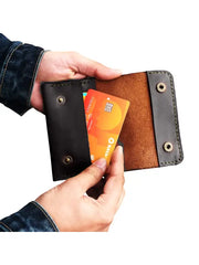 Handmade Black Leather Card Holder Wallet with Snap Closure