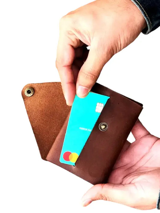 Handmade Brown Leather Card Holder Wallet with Snap Closure