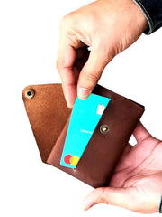 Handmade Brown Leather Card Holder Wallet with Snap Closure