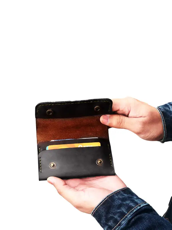Handmade Black Leather Card Holder Wallet with Snap Closure
