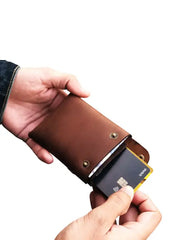 Handmade Brown Leather Card Holder Wallet with Snap Closure