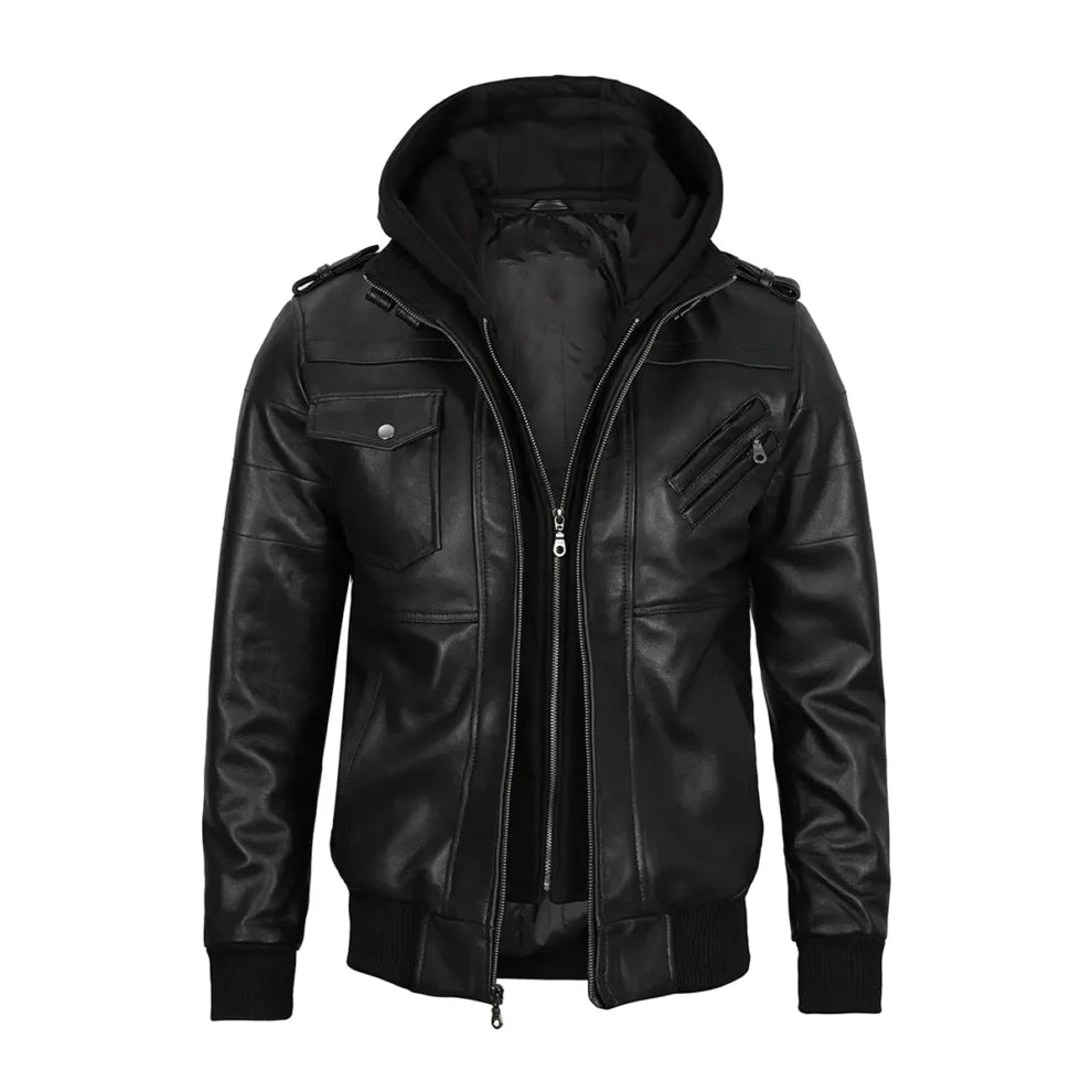 Black Leather Jacket with Removable Hoodie