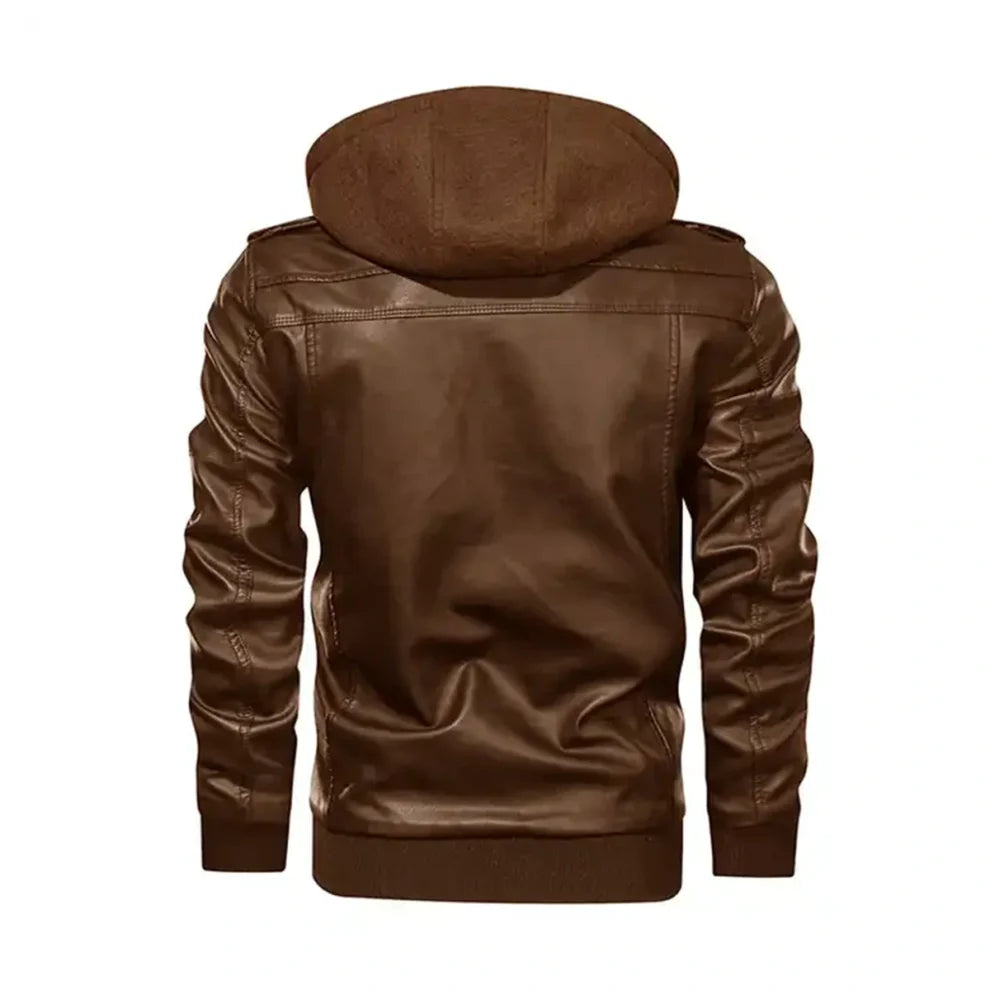 Distressed Brown Hooded Style Genuine Leather Jacket